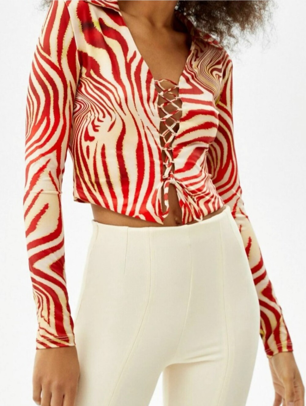 Bershka Zebra Print Front Lace Up Long Sleeve Cropped Top M
